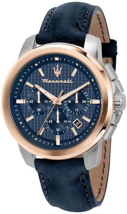 Maserati Successo Date display Blue Leather Male R8871621015-. A brand-new Maserati Successo watch featuring a Blue dial and a Leather strap. Angled view.