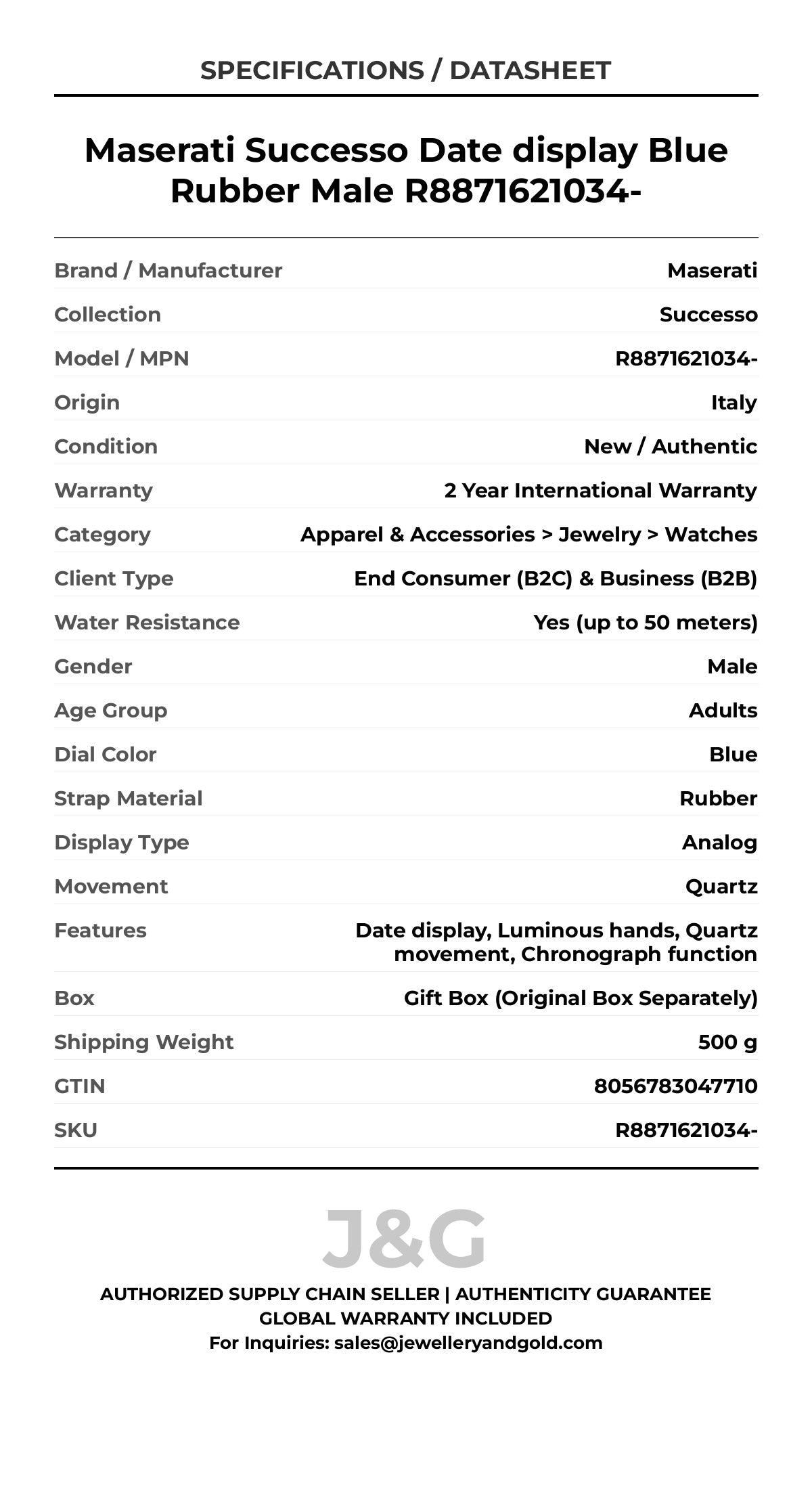 Maserati Successo Date display Blue Rubber Male R8871621034- - Specifications