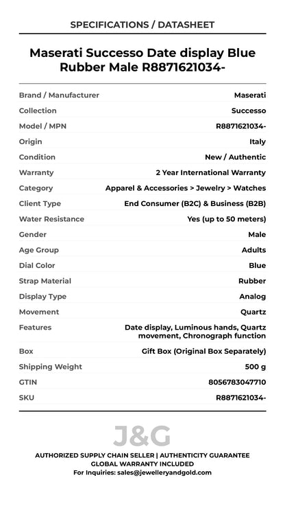 Maserati Successo Date display Blue Rubber Male R8871621034- - Specifications