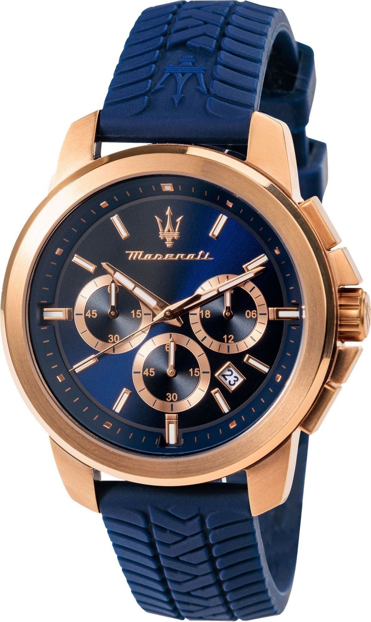 Maserati Successo Date display Blue Rubber Male R8871621034-. A brand-new Maserati Successo watch featuring a Blue dial and a Rubber strap. Front view.