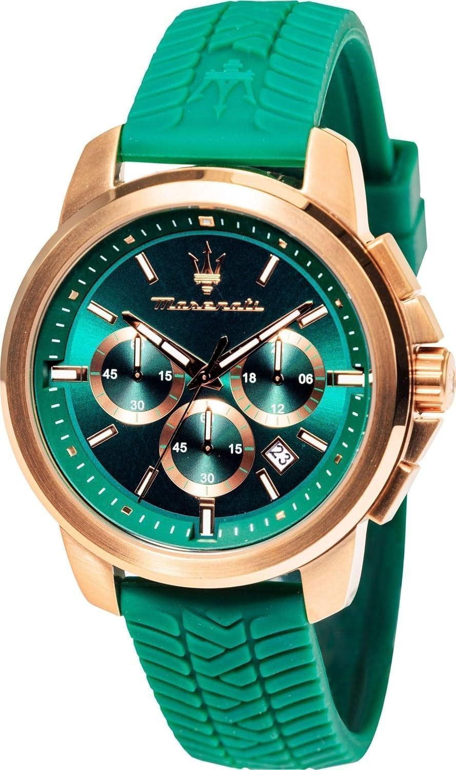 Maserati Successo Date display Green Rubber Male R8871621038-. A brand-new Maserati Successo watch featuring a Green dial and a Rubber strap. Angled view.
