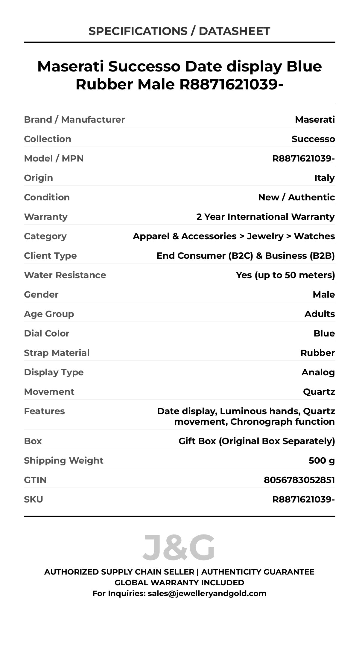 Maserati Successo Date display Blue Rubber Male R8871621039- - Specifications