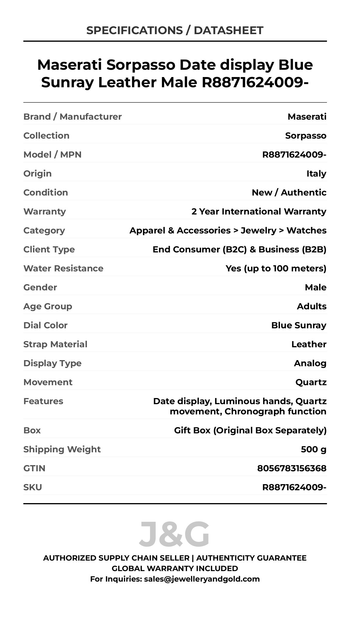Maserati Sorpasso Date display Blue Sunray Leather Male R8871624009- - Specifications