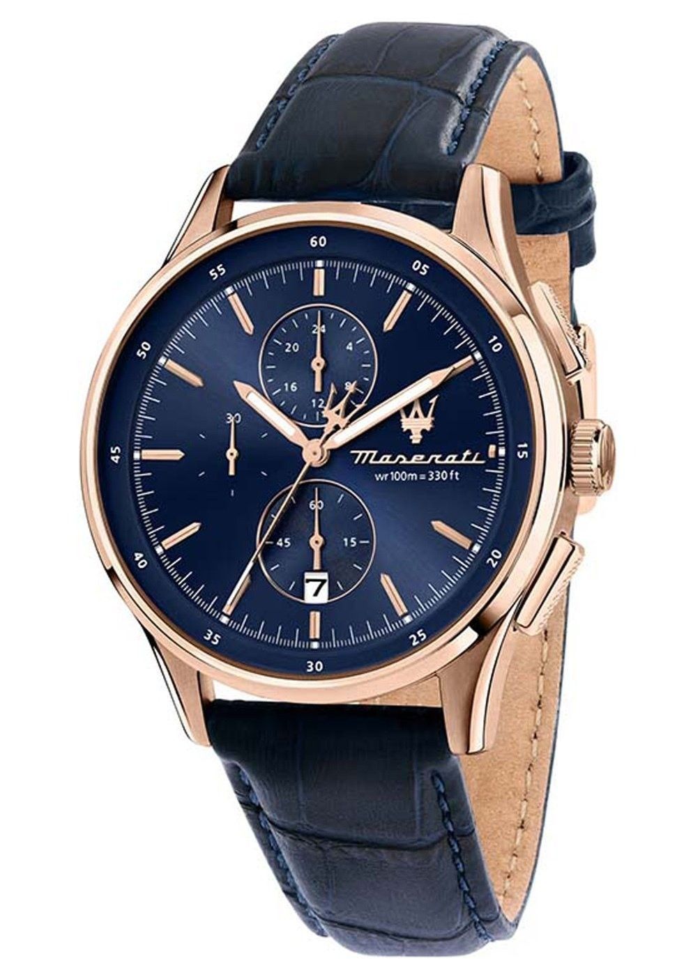 Maserati Sorpasso Date display Blue Sunray Leather Male R8871624009-. A brand-new Maserati Sorpasso watch featuring a Blue Sunray dial and a Leather strap. Angled view.