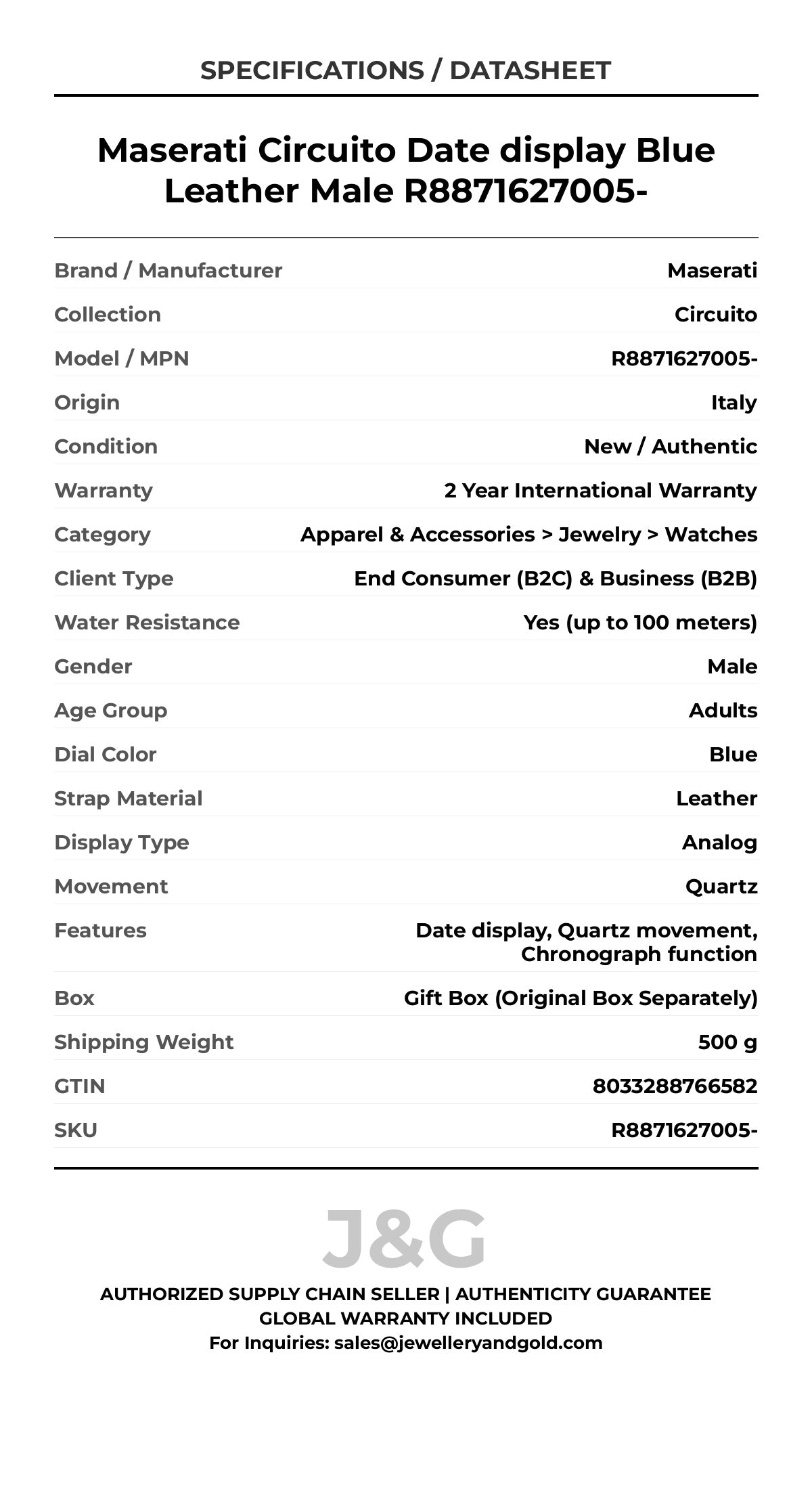 Maserati Circuito Date display Blue Leather Male R8871627005- - Specifications