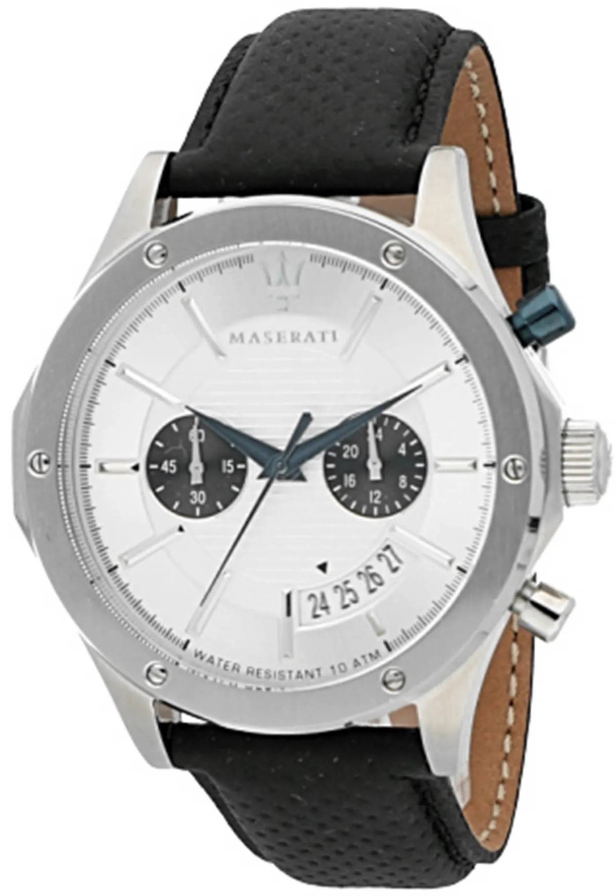 Maserati Circuito Date display Blue Leather Male R8871627005-. A brand-new Maserati Circuito watch featuring a Blue dial and a Leather strap. Angled view.