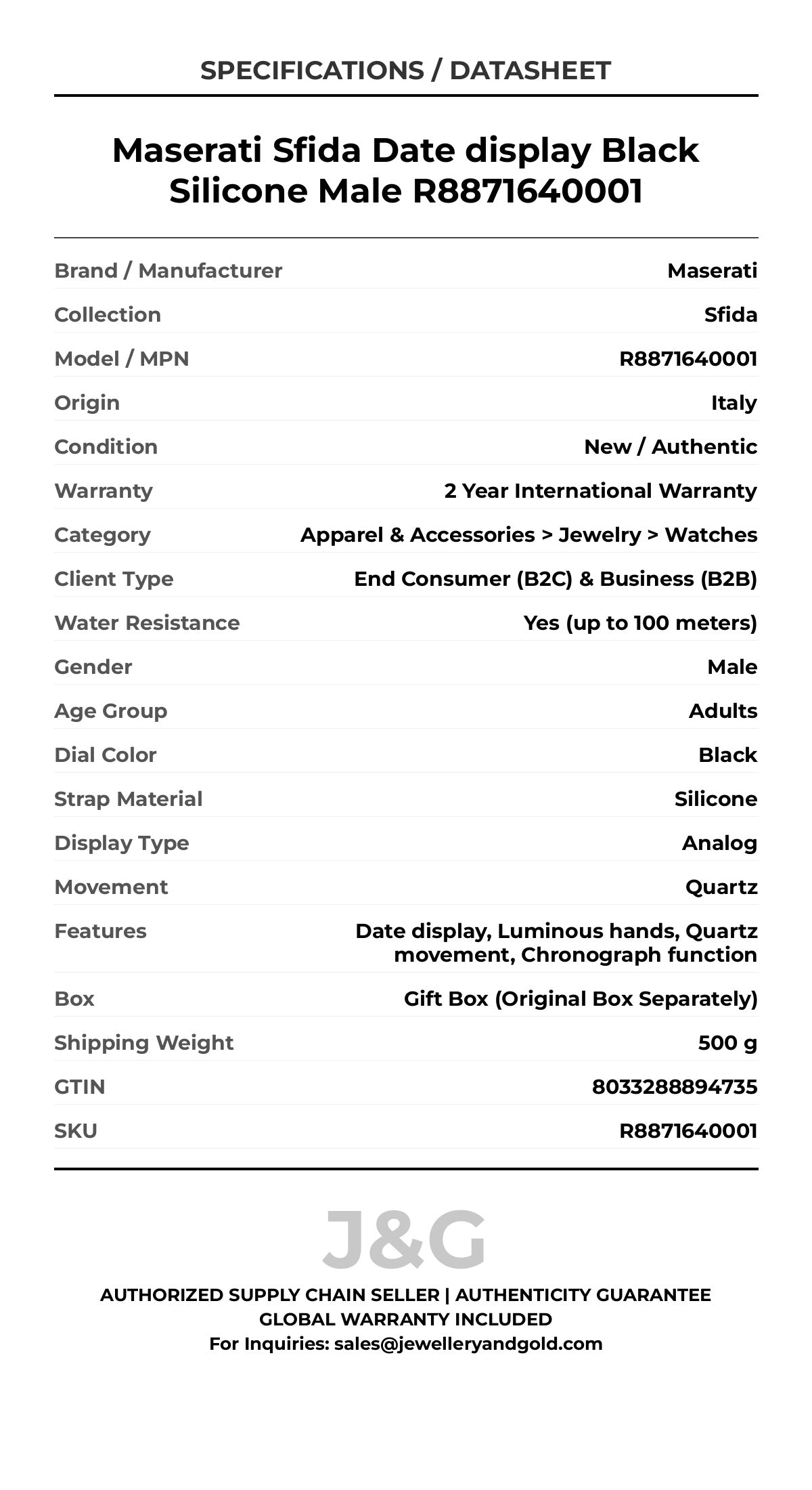 Maserati Sfida Date display Black Silicone Male R8871640001 - Specifications