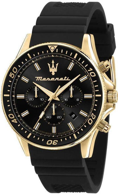 Maserati Sfida Date display Black Silicone Male R8871640001. A brand-new Maserati Sfida watch featuring a Black dial and a Silicone strap. Front view.