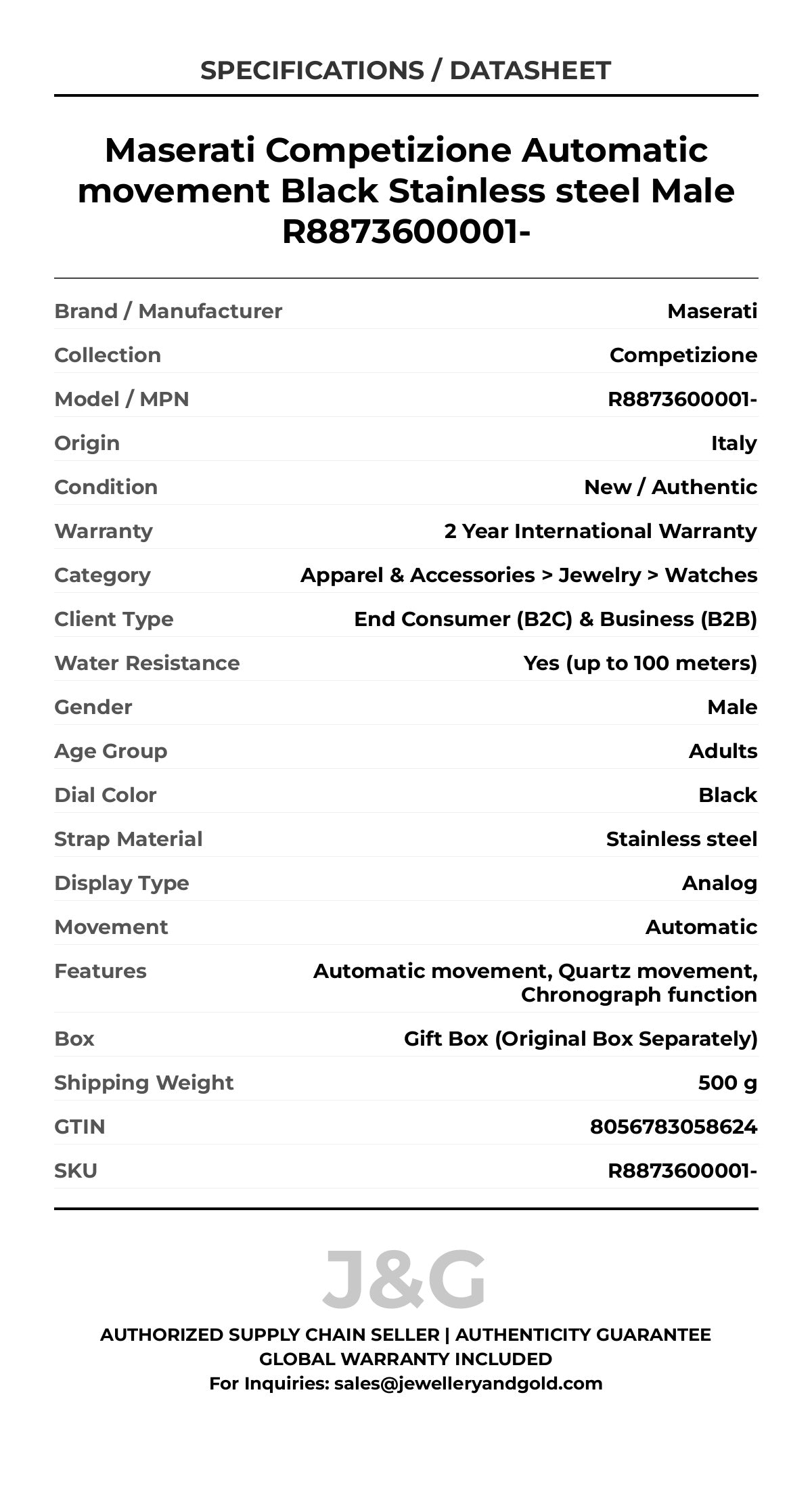 Maserati Competizione Automatic movement Black Stainless steel Male R8873600001- - Specifications