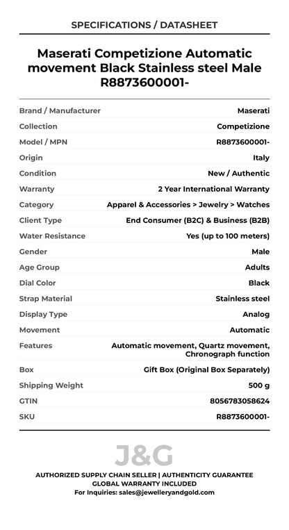 Maserati Competizione Automatic movement Black Stainless steel Male R8873600001- - Specifications