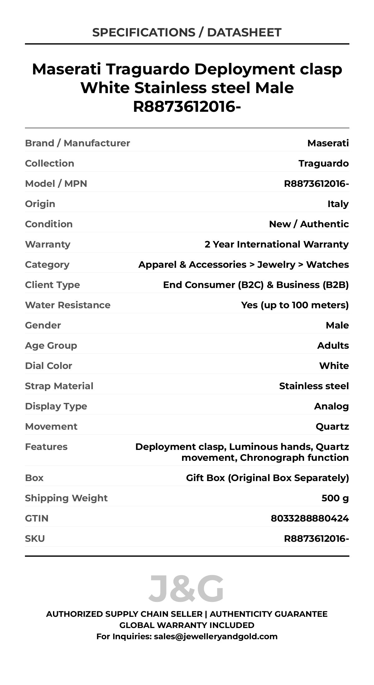 Maserati Traguardo Deployment clasp White Stainless steel Male R8873612016- - Specifications