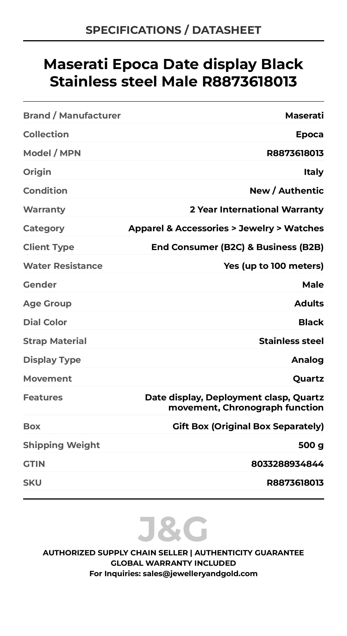 Maserati Epoca Date display Black Stainless steel Male R8873618013 - Specifications