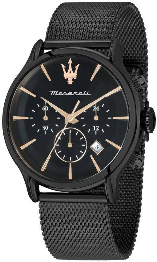 Maserati Epoca Date display Black Stainless steel Male R8873618013. A brand-new Maserati Epoca watch featuring a Black dial and a Stainless steel strap. Side view.