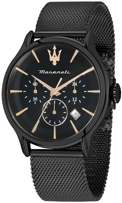 Maserati Epoca Date display Black Stainless steel Male R8873618013. A brand-new Maserati Epoca watch featuring a Black dial and a Stainless steel strap. Side view.