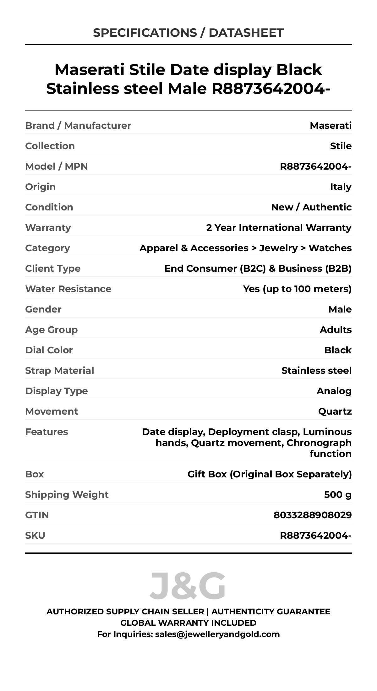 Maserati Stile Date display Black Stainless steel Male R8873642004- - Specifications