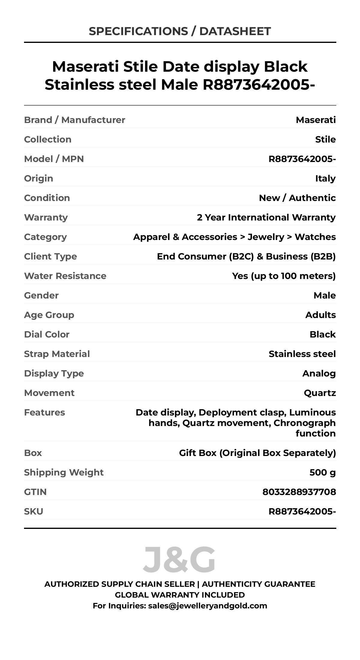 Maserati Stile Date display Black Stainless steel Male R8873642005- - Specifications