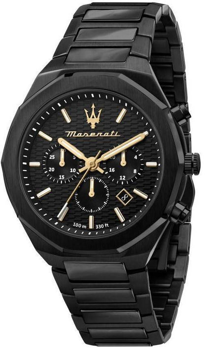 Maserati Stile Date display Black Stainless steel Male R8873642005-. A brand-new Maserati Stile watch featuring a Black dial and a Stainless steel strap. Front view.