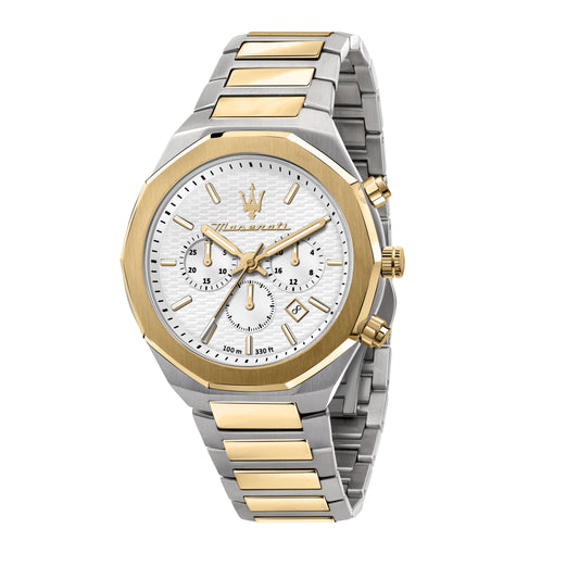 Maserati Stile Date display White Stainless steel Male R8873642009-. A brand-new Maserati Stile watch featuring a White dial and a Stainless steel strap. Angled view.