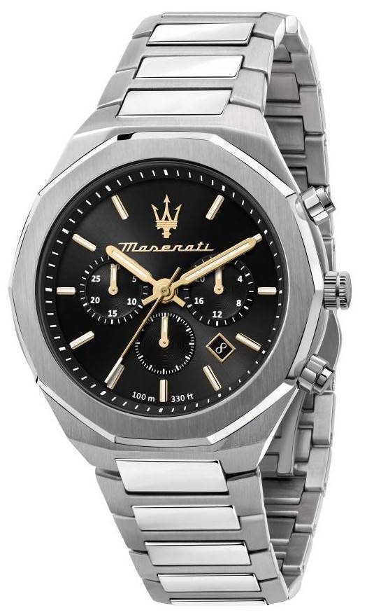 Maserati Stile Date display Black Stainless steel Male R8873642010-. A brand-new Maserati Stile watch featuring a Black dial and a Stainless steel strap. Side view.