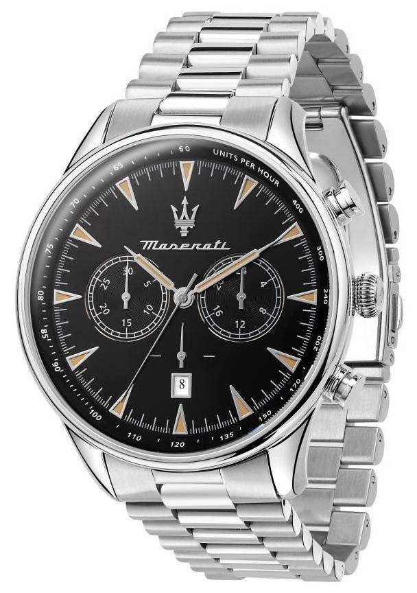 Maserati Tradizione Date display Black Stainless steel Male R8873646004-. A brand-new Maserati Tradizione watch featuring a Black dial and a Stainless steel strap. Angled view.