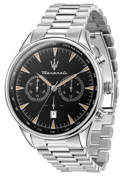 Maserati Tradizione Date display Black Stainless steel Male R8873646004-. A brand-new Maserati Tradizione watch featuring a Black dial and a Stainless steel strap. Angled view.