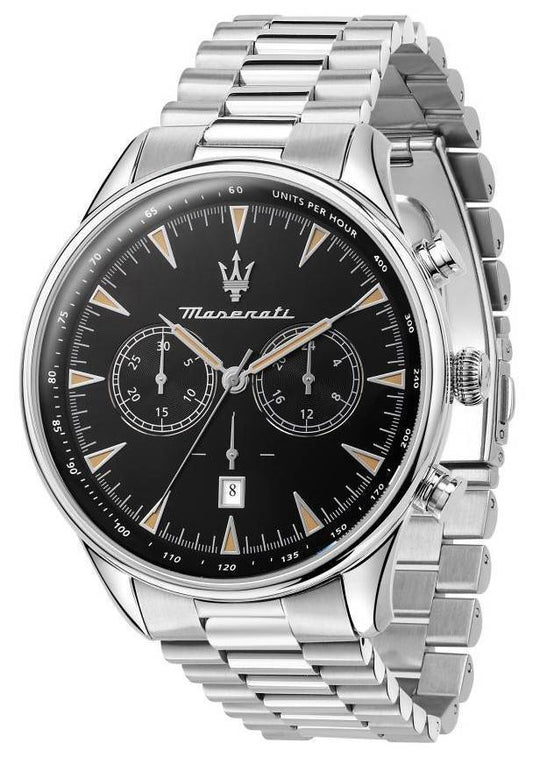 Maserati Tradizione Date display Black Stainless steel Male R8873646004-. A brand-new Maserati Tradizione watch featuring a Black dial and a Stainless steel strap. Angled view.