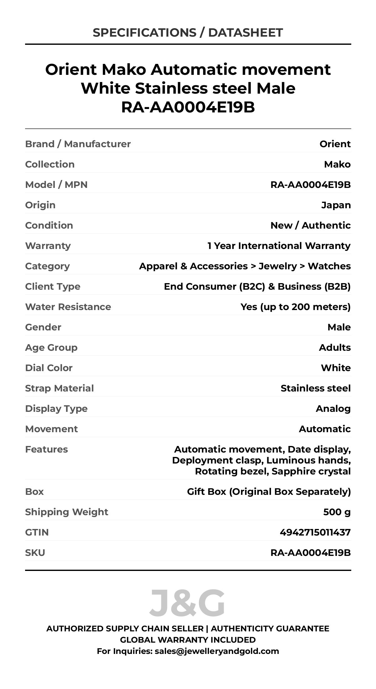 Orient Mako Automatic movement White Stainless steel Male RA-AA0004E19B - Specifications