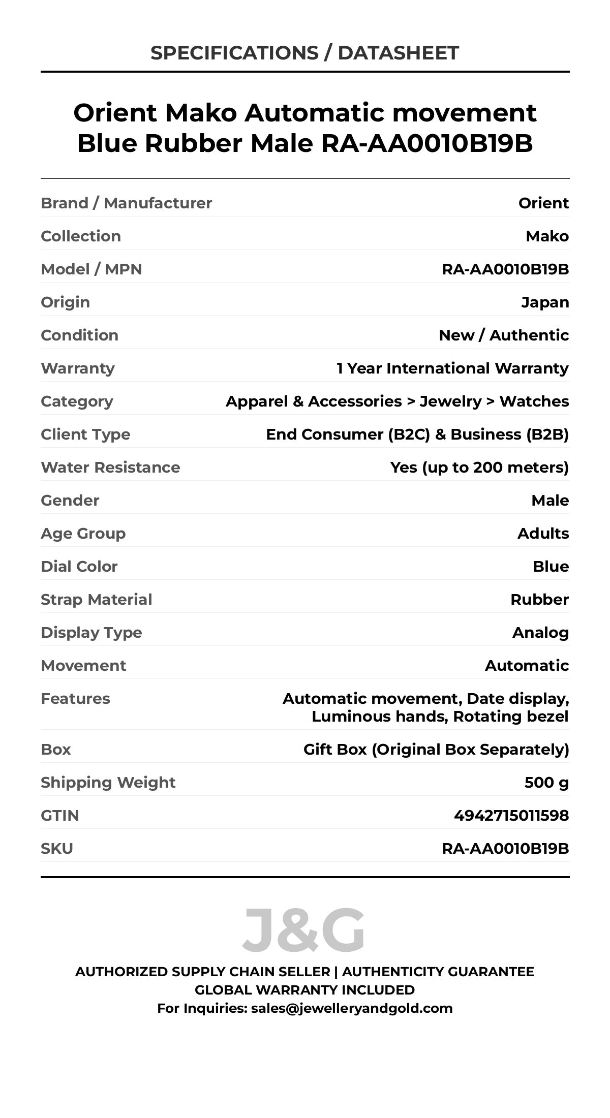 Orient Mako Automatic movement Blue Rubber Male RA-AA0010B19B - Specifications