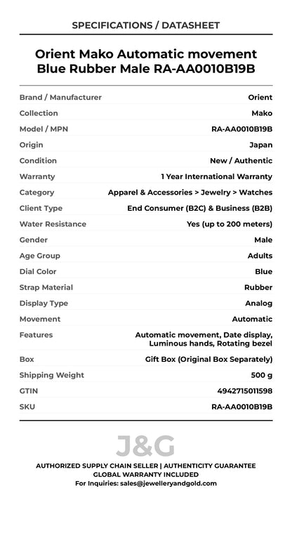 Orient Mako Automatic movement Blue Rubber Male RA-AA0010B19B - Specifications