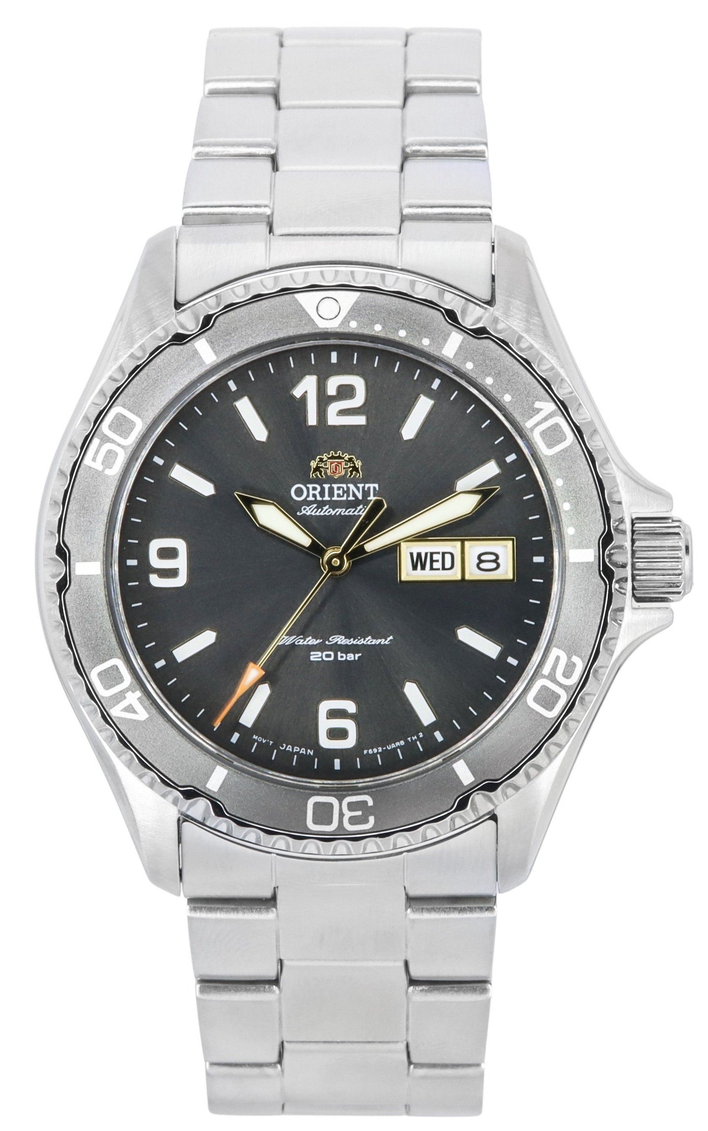 Orient Mako Automatic movement Grey Stainless steel Male RA-AA0819N19B. A brand-new Orient Mako watch featuring a Grey dial and a Stainless steel strap. Front view.