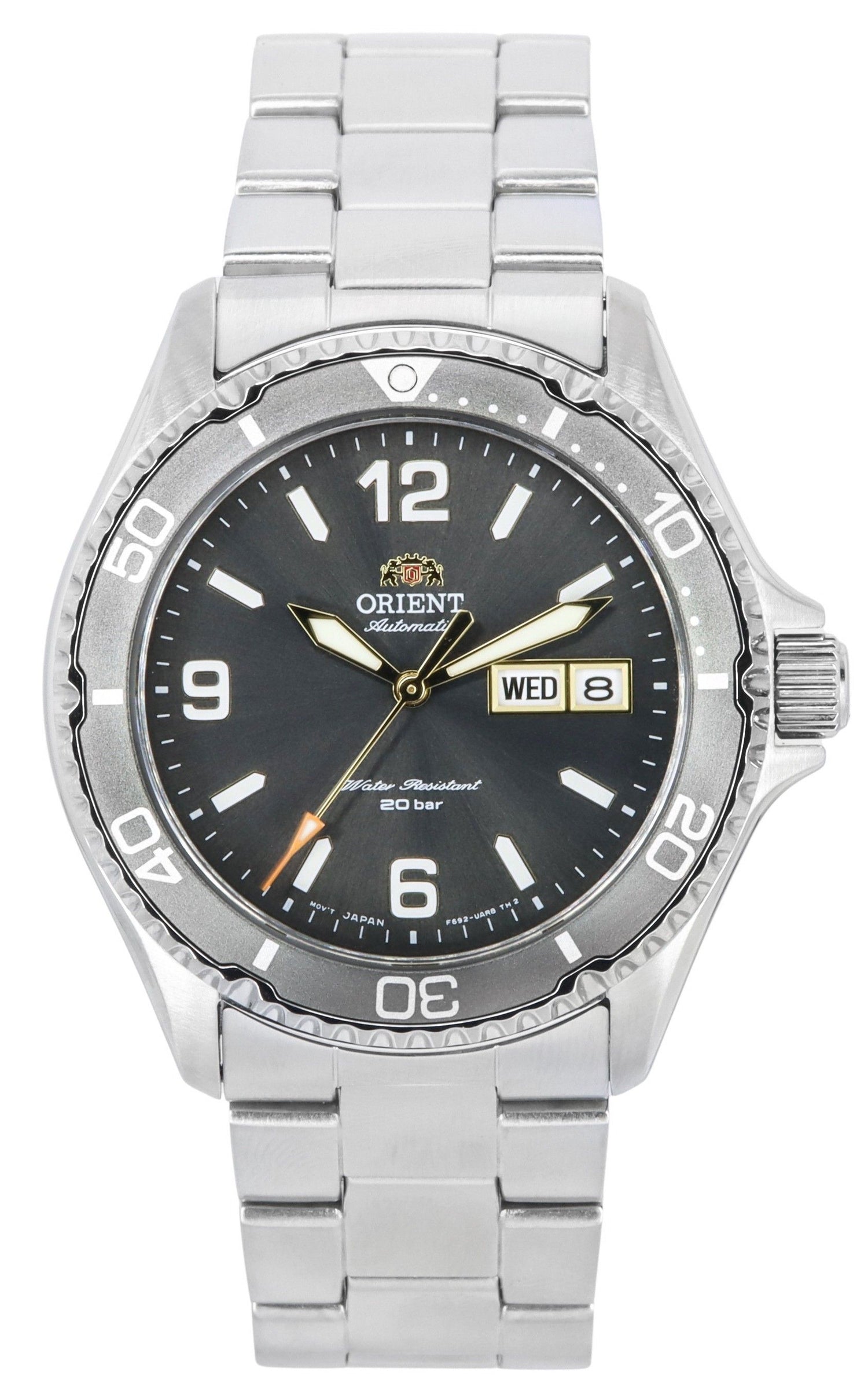 Orient Mako Automatic movement Grey Stainless steel Male RA-AA0819N19B. A brand-new Orient Mako watch featuring a Grey dial and a Stainless steel strap. Front view.