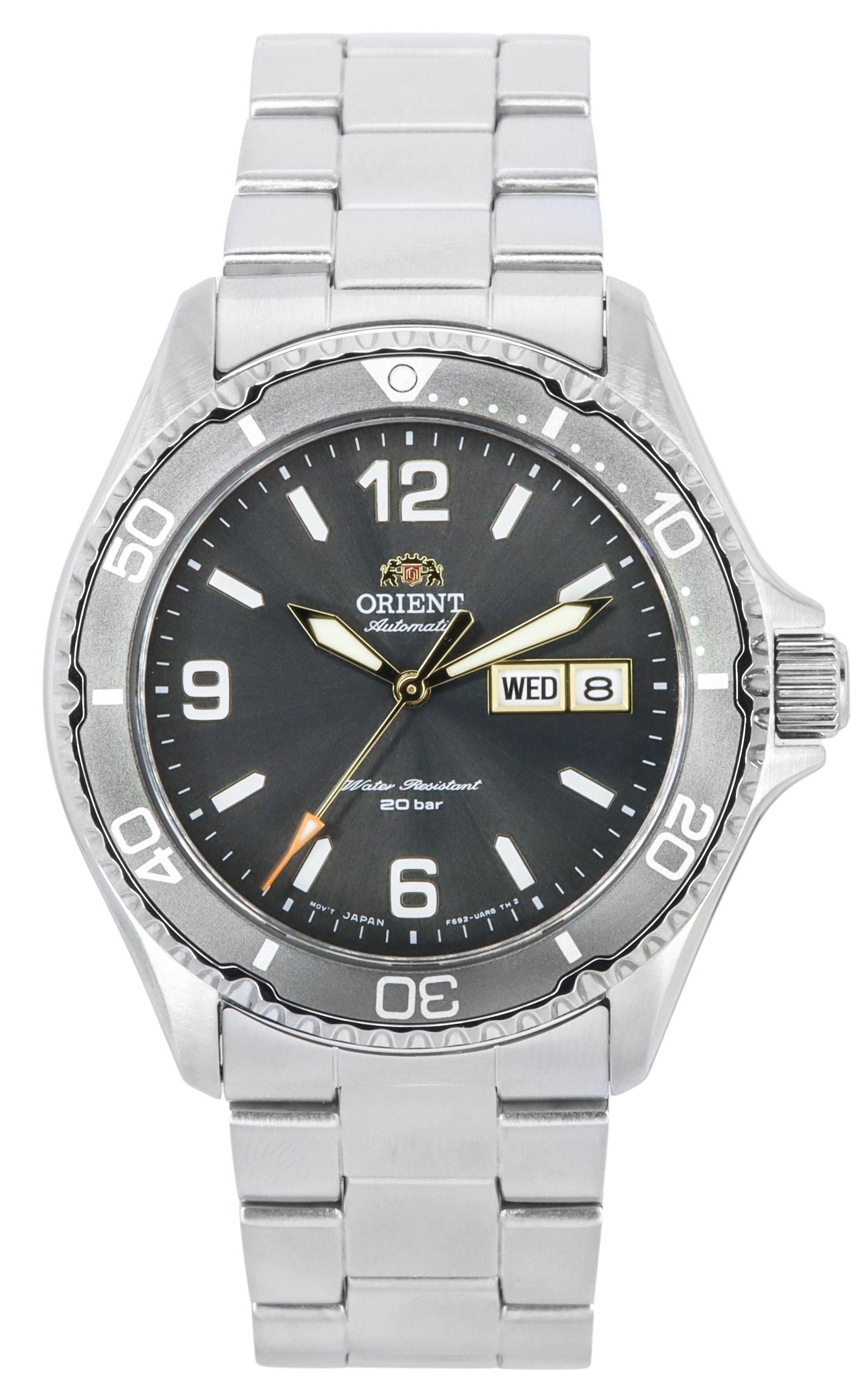 Orient Mako Automatic movement Grey Stainless steel Male RA-AA0819N19B. A brand-new Orient Mako watch featuring a Grey dial and a Stainless steel strap. Front view.