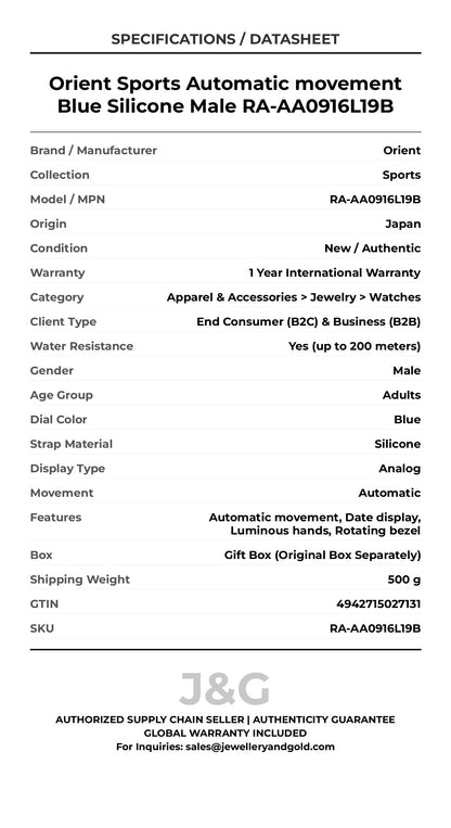 Orient Sports Automatic movement Blue Silicone Male RA-AA0916L19B - Specifications