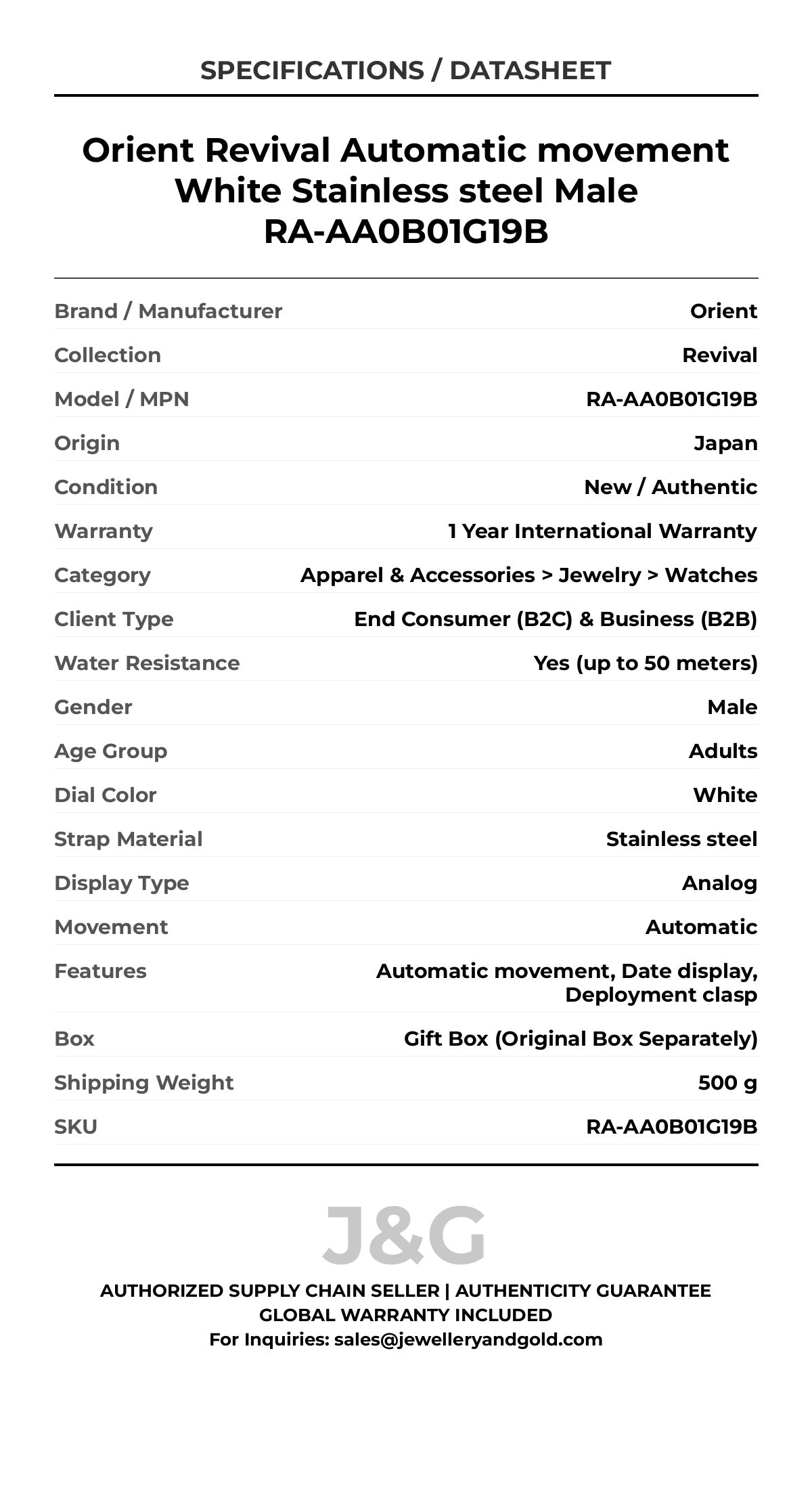 Orient Revival Automatic movement White Stainless steel Male RA-AA0B01G19B - Specifications