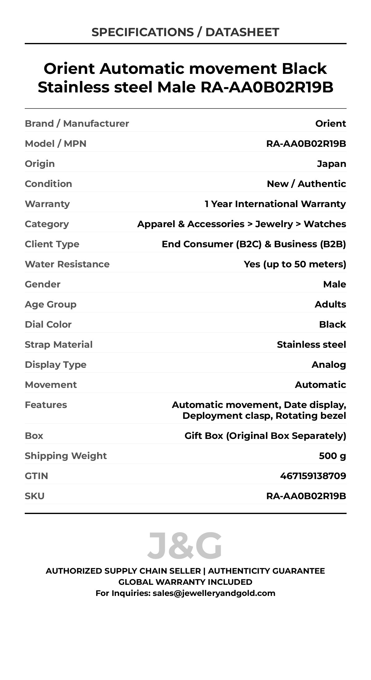 Orient Automatic movement Black Stainless steel Male RA-AA0B02R19B - Specifications