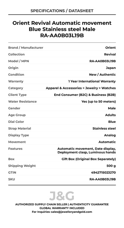 Orient Revival Automatic movement Blue Stainless steel Male RA-AA0B03L19B - Specifications