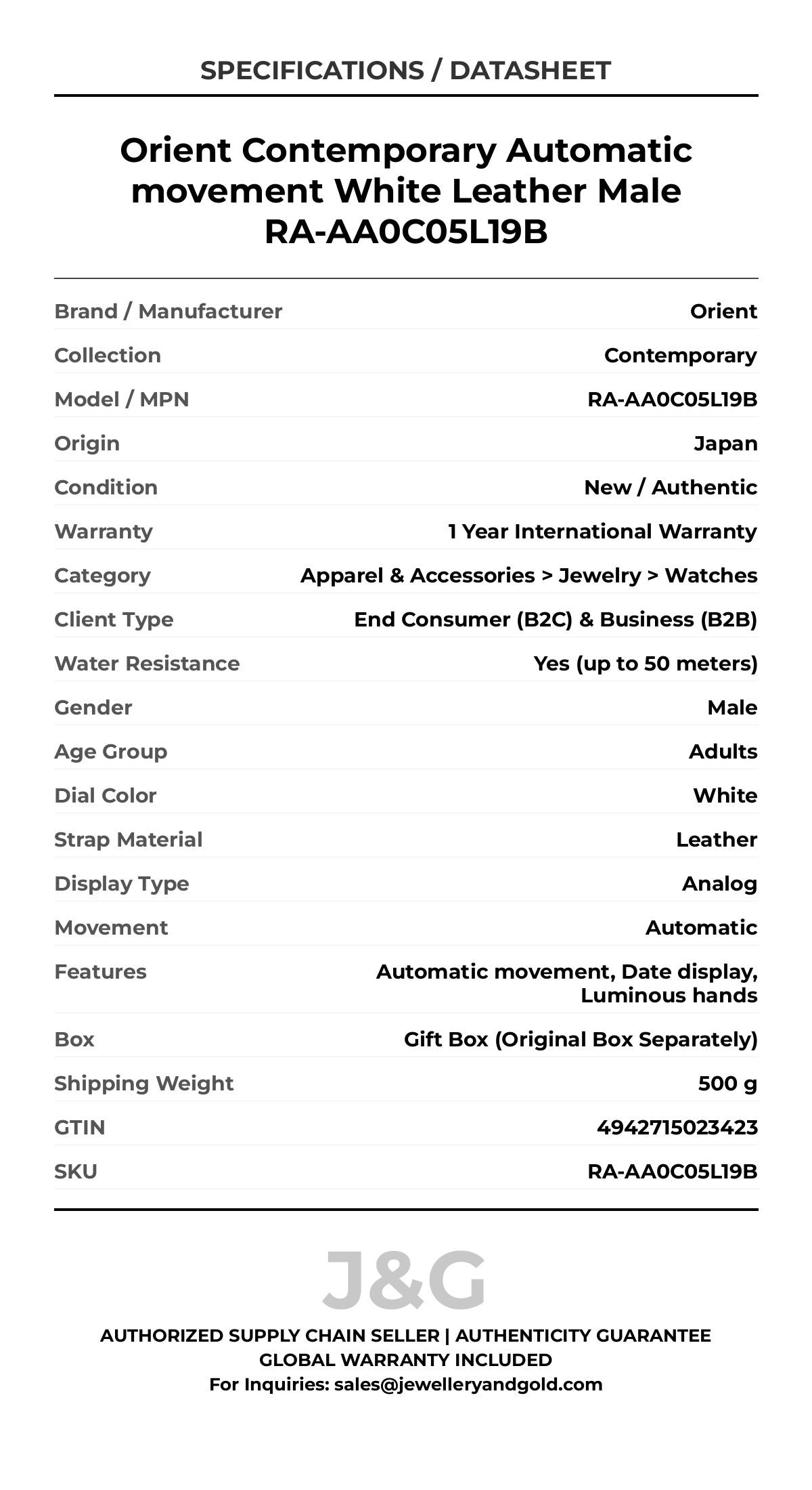 Orient Contemporary Automatic movement White Leather Male RA-AA0C05L19B - Specifications