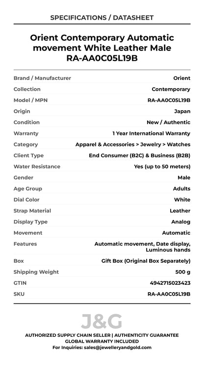 Orient Contemporary Automatic movement White Leather Male RA-AA0C05L19B - Specifications
