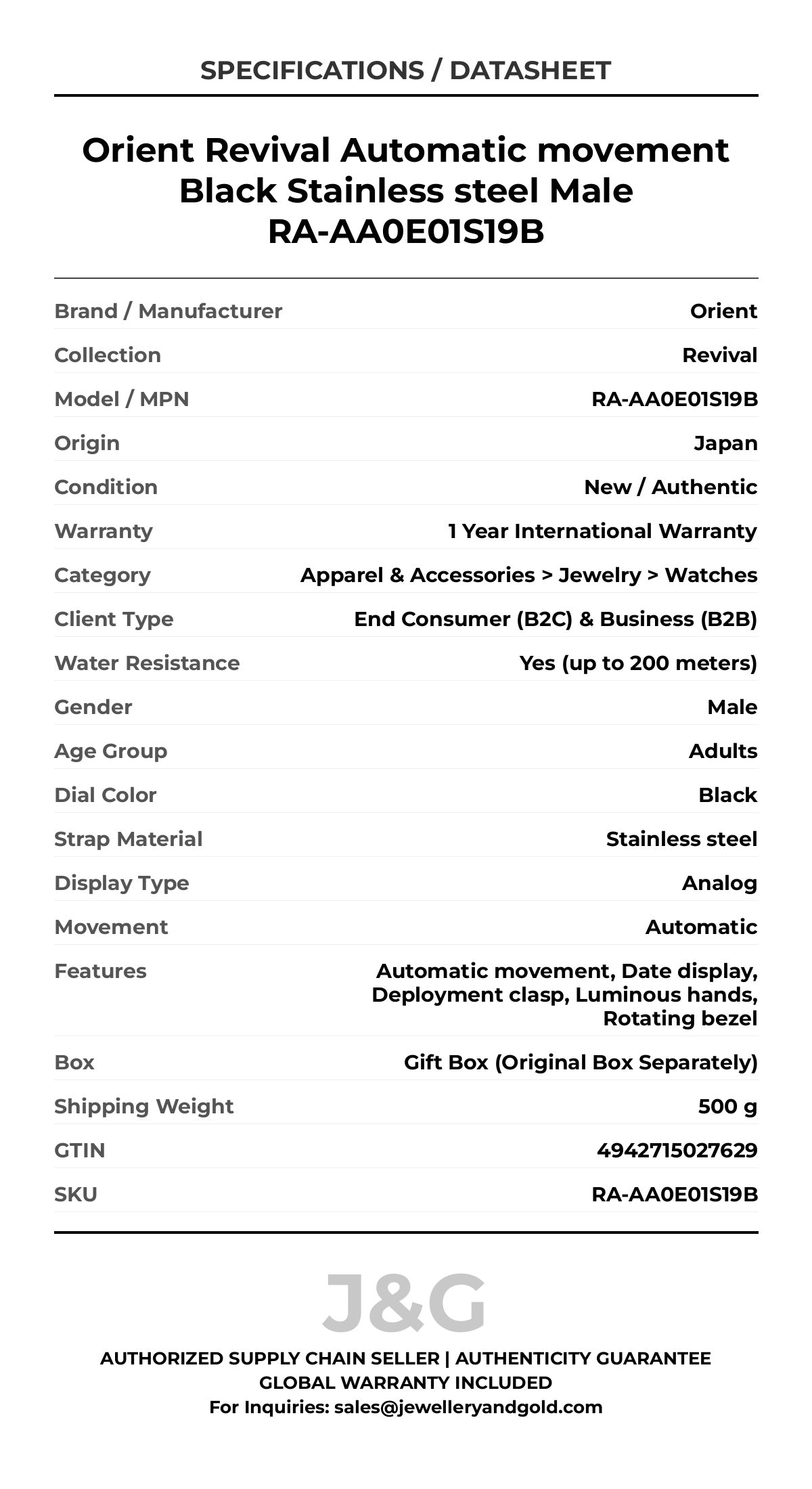 Orient Revival Automatic movement Black Stainless steel Male RA-AA0E01S19B - Specifications