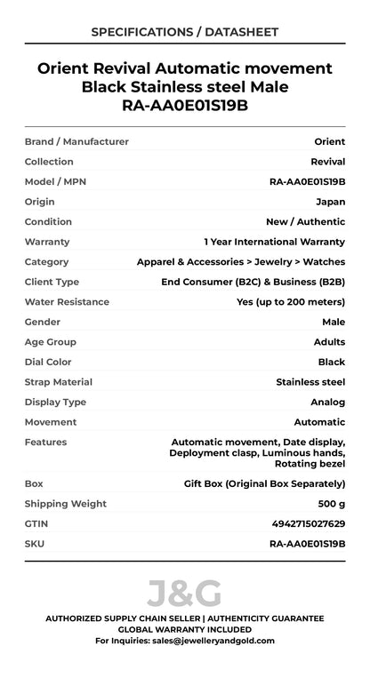 Orient Revival Automatic movement Black Stainless steel Male RA-AA0E01S19B - Specifications