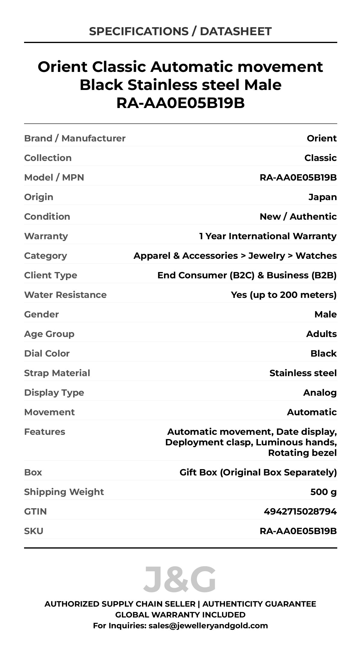 Orient Classic Automatic movement Black Stainless steel Male RA-AA0E05B19B - Specifications