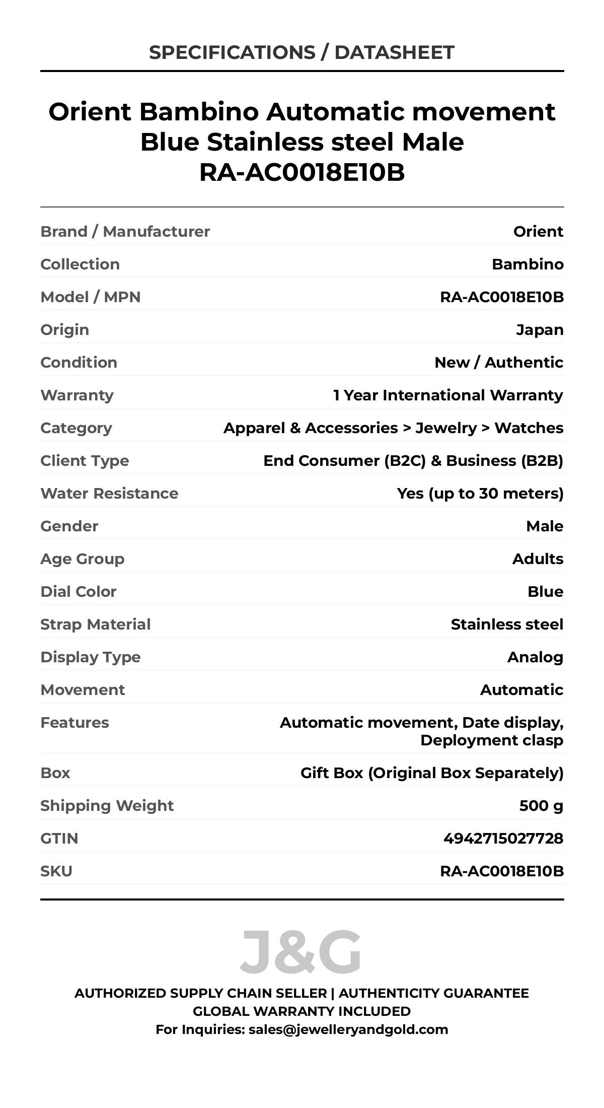 Orient Bambino Automatic movement Blue Stainless steel Male RA-AC0018E10B - Specifications