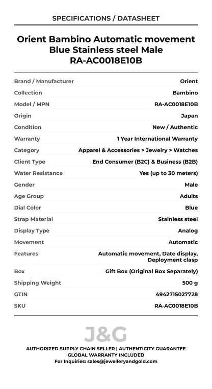 Orient Bambino Automatic movement Blue Stainless steel Male RA-AC0018E10B - Specifications