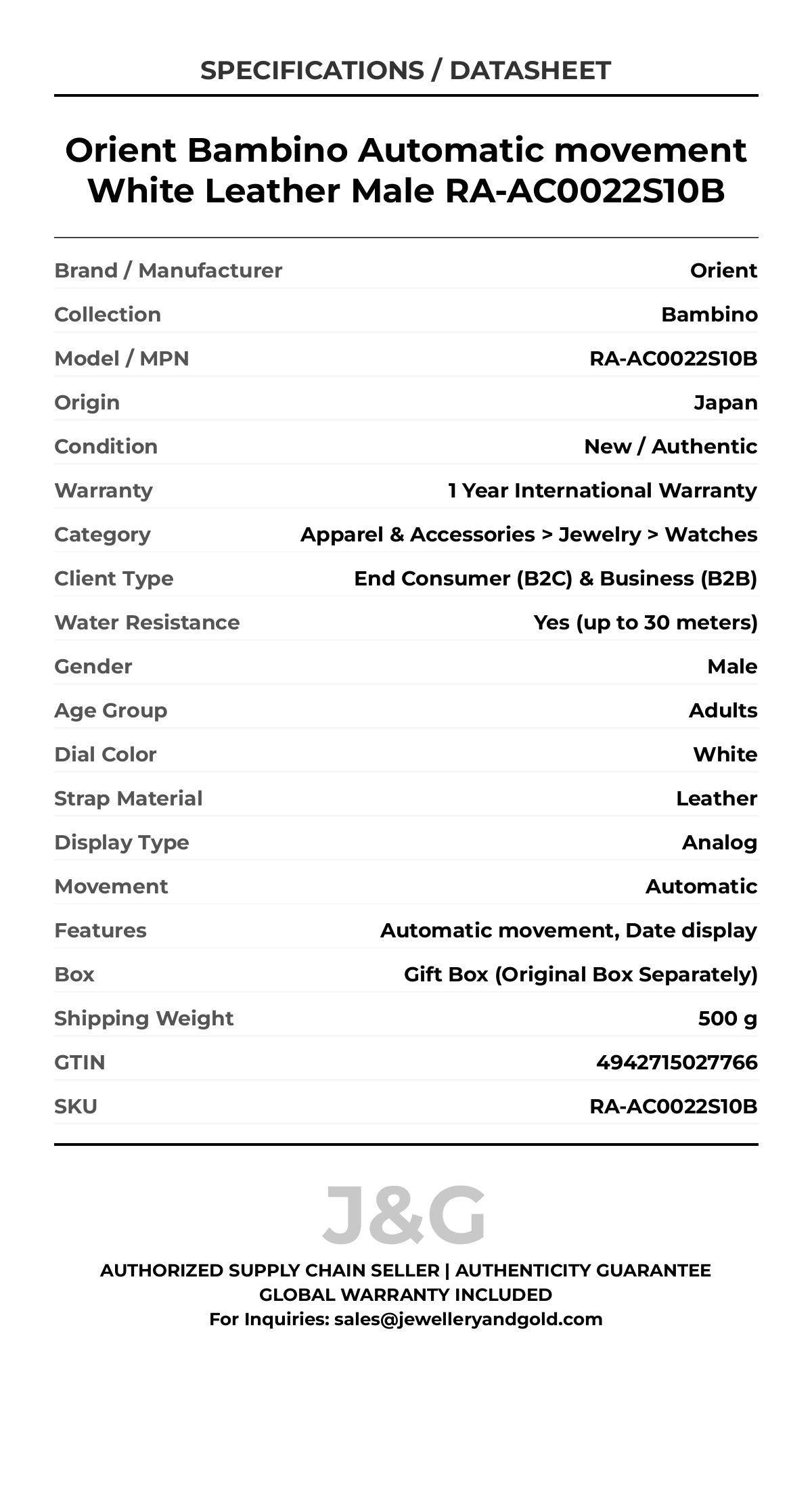 Orient Bambino Automatic movement White Leather Male RA-AC0022S10B - Specifications