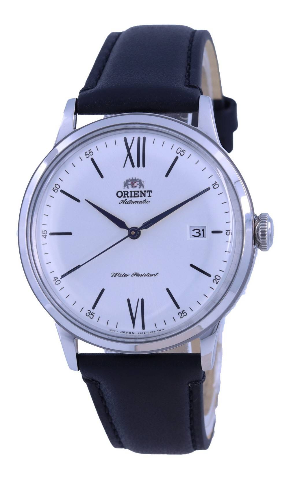 Orient Bambino Automatic movement White Leather Male RA-AC0022S10B. A brand-new Orient Bambino watch featuring a White dial and a Leather strap. Angled view.