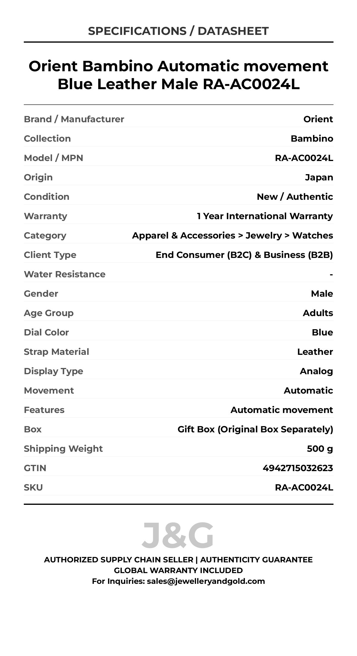 Orient Bambino Automatic movement Blue Leather Male RA-AC0024L - Specifications