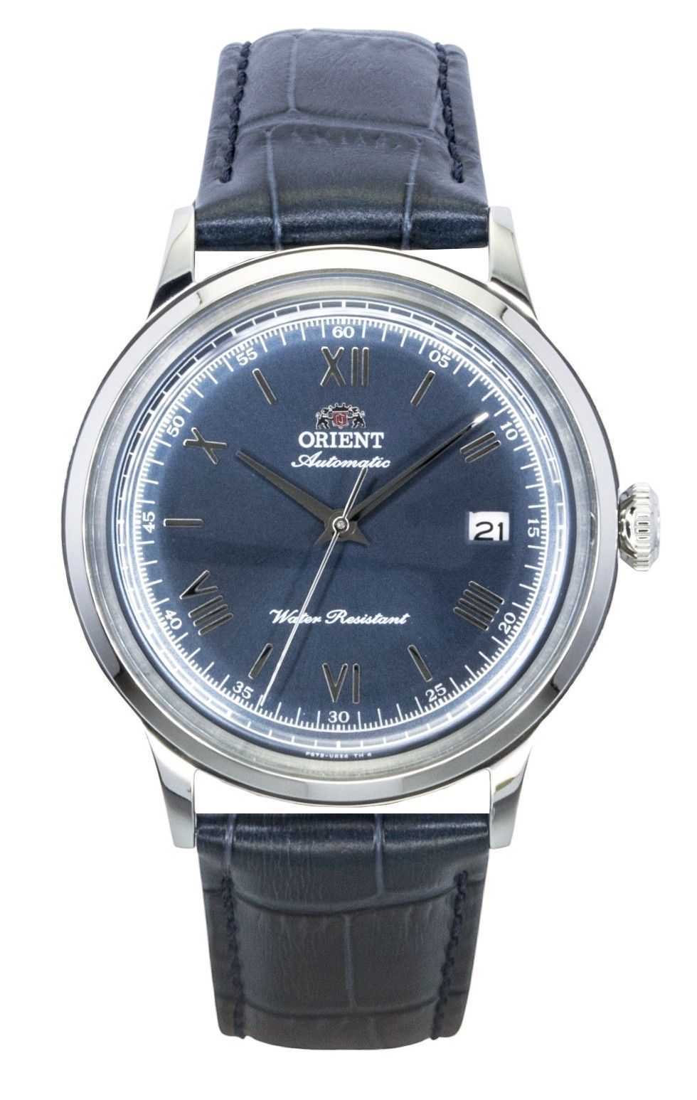 Orient Bambino Automatic movement Blue Leather Male RA-AC0024L. A brand-new Orient Bambino watch featuring a Blue dial and a Leather strap. Angled view.