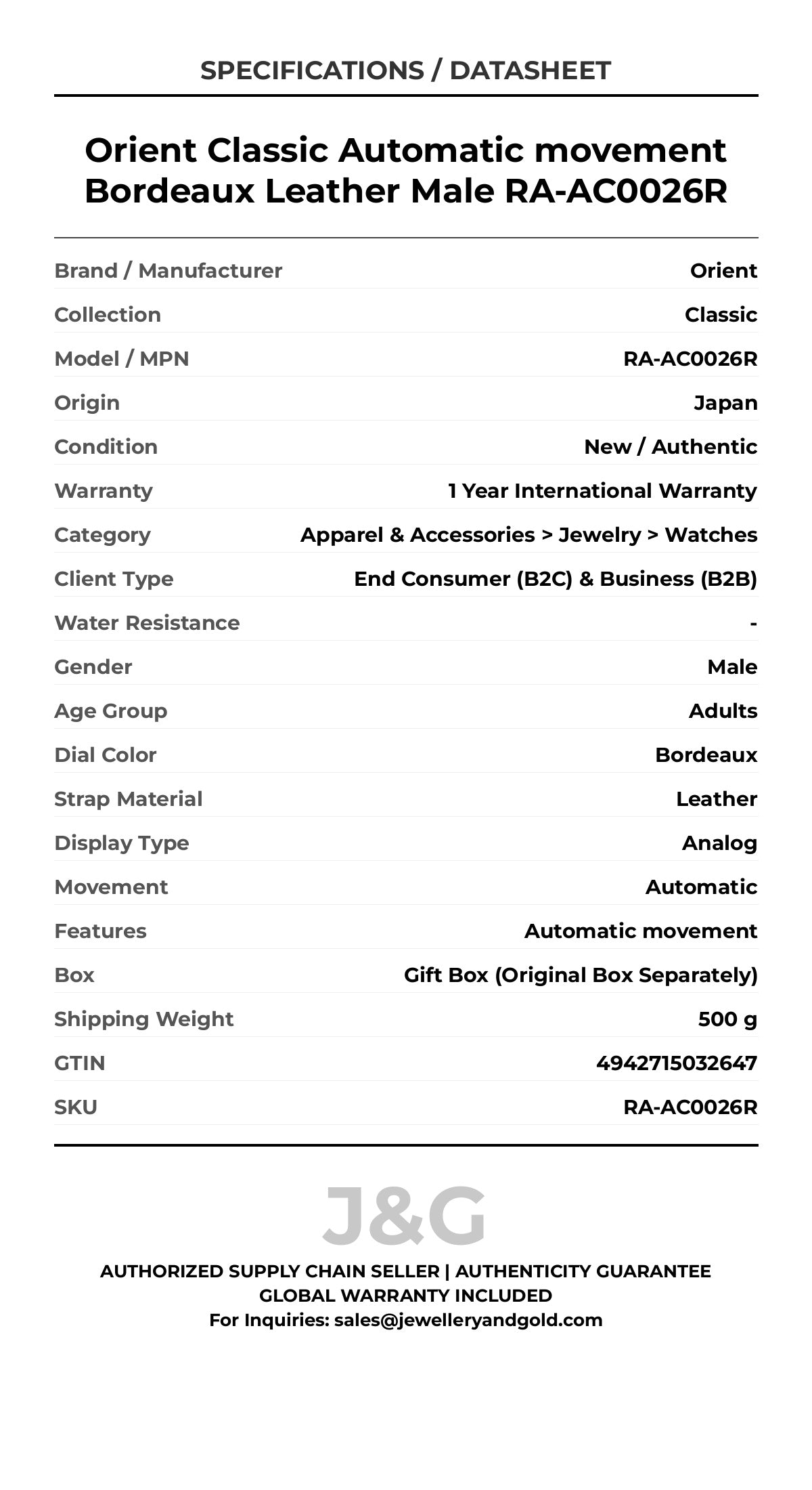 Orient Classic Automatic movement Bordeaux Leather Male RA-AC0026R - Specifications