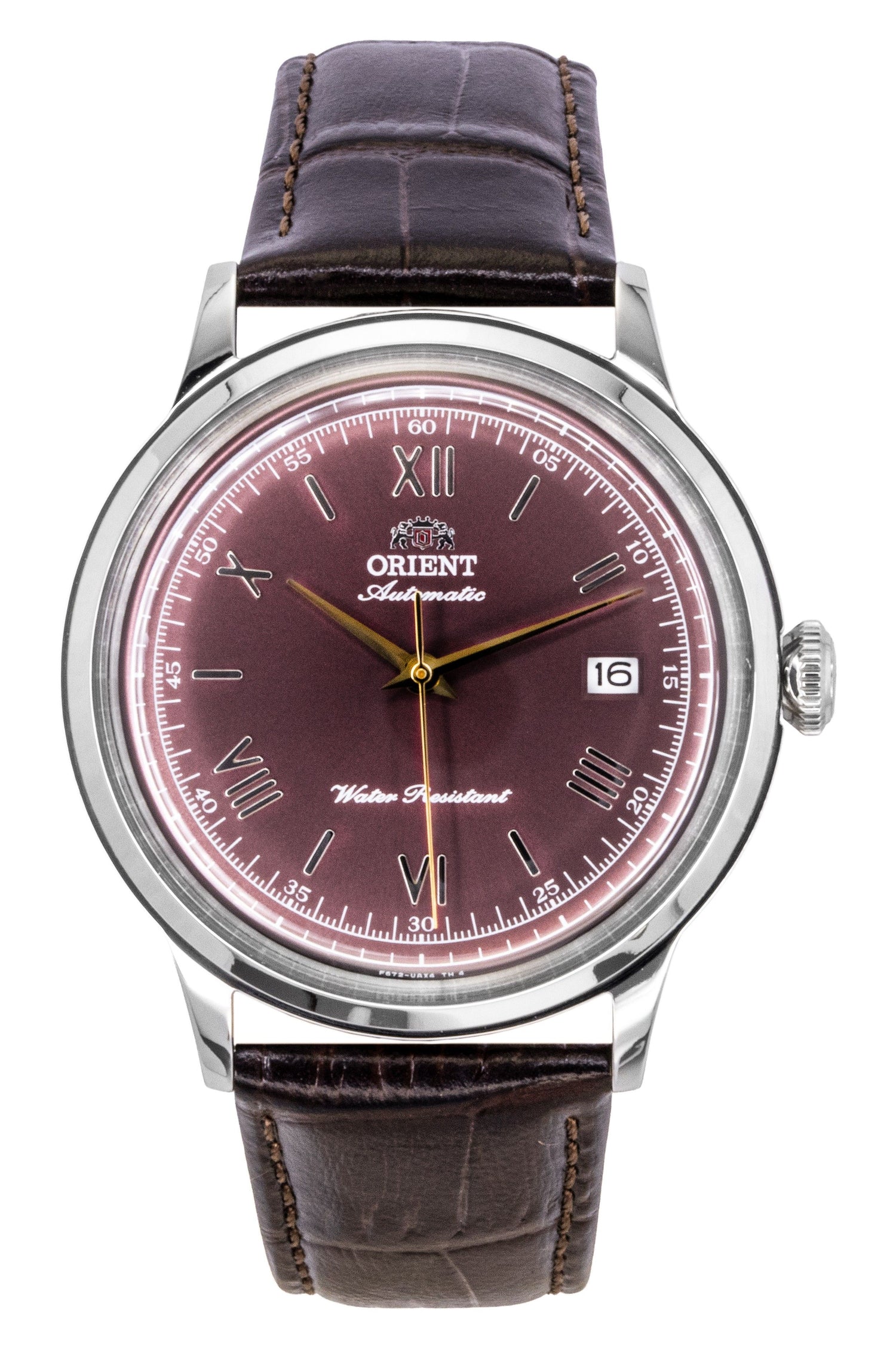 Orient Classic Automatic movement Bordeaux Leather Male RA-AC0026R. A brand-new Orient Classic watch featuring a Bordeaux dial and a Leather strap. Angled view.