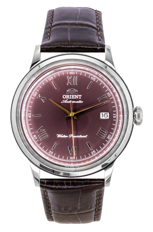 Orient Classic Automatic movement Bordeaux Leather Male RA-AC0026R. A brand-new Orient Classic watch featuring a Bordeaux dial and a Leather strap. Angled view.